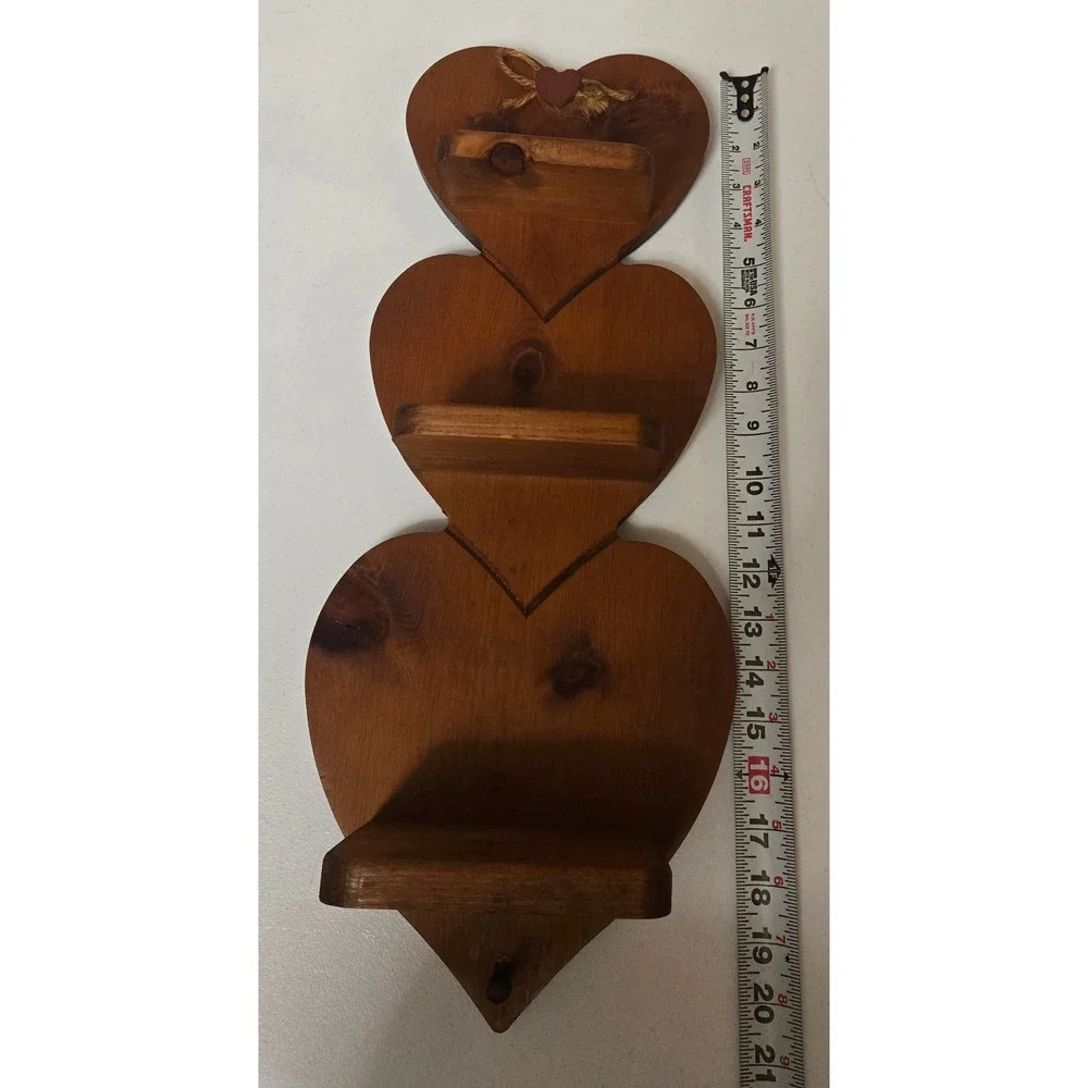 Vintage 3 Tier Wooden Heart Wall Shelf Rustic Cottagecore Farmhouse 20in Peg